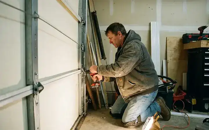 Poseur réglant les galets d’une porte de garage sectionnelle dans ses rails, à l’intérieur d’un garage